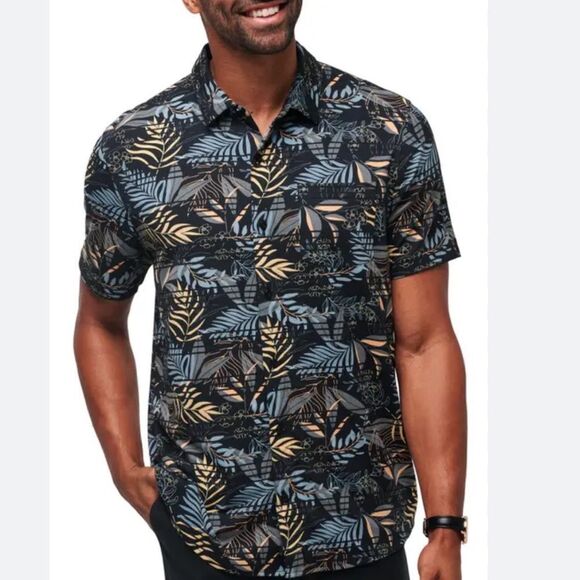 Travis Mathew Blue Tan Casual Button Down Shirt Tropical Print size medium